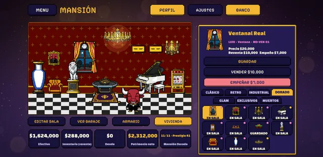 La mansión amueblada en la app, con el catálogo de muebles a un lado