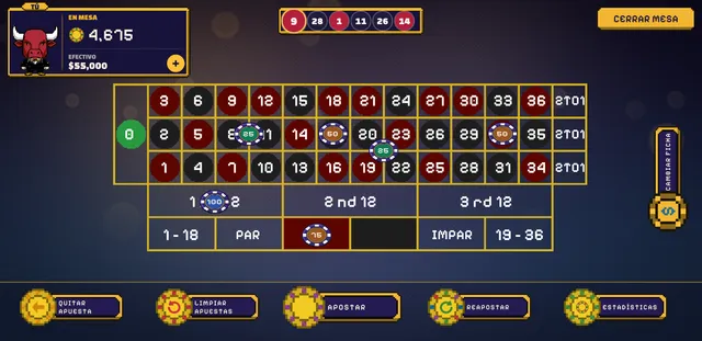 Mesa de ruleta europea de la app con fichas sobre el tapete