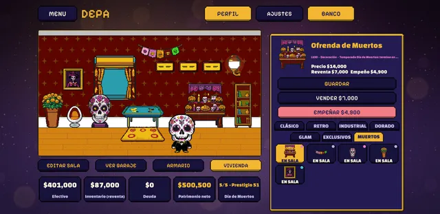 La sala decorada con la colección de Día de Muertos