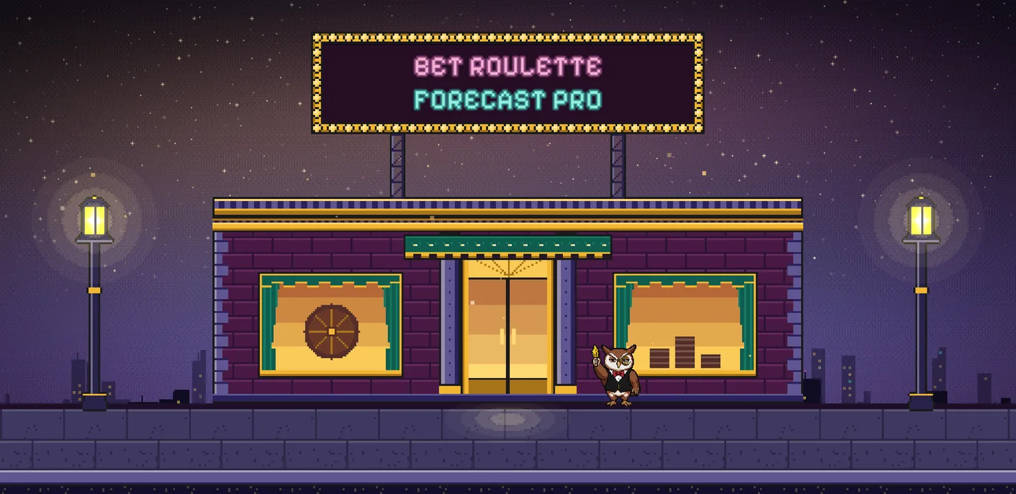 La calle de noche del lobby de Bet Roulette Forecast: el letrero de neón, la fachada del casino, Don Búho y dos avatares.